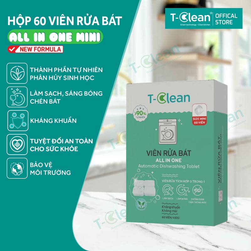 Viên rửa chén mini T-Clean Viên rửa chén mini T-Clean Eco Hộp 60 viên 8g